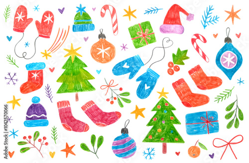 Big collection of different colorful Christmas illustrations. Doodle drawing by hand with colored pencils. Cute children's drawings with crayon. New Year's design element. 