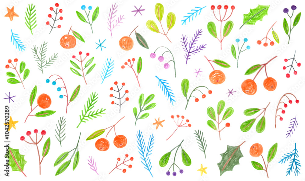 Big collection of different colorful Christmas branches, leaves, plants and berries. Doodle drawing by hand with colored pencils. Cute children's drawings with crayon. New Year. Big collection of different colorful Christmas branches, leaves, plants and berries. Doodle drawing by hand with colored pencils. Cute children's drawings with crayon. New Year.