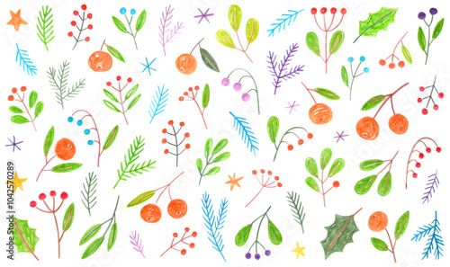 Wallpaper Mural Big collection of different colorful Christmas branches, leaves, plants and berries. Doodle drawing by hand with colored pencils. Cute children's drawings with crayon. New Year. Torontodigital.ca