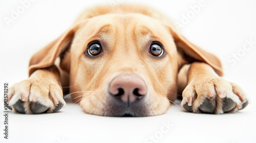 A close-up of a playful dog lying down with a curious expression.