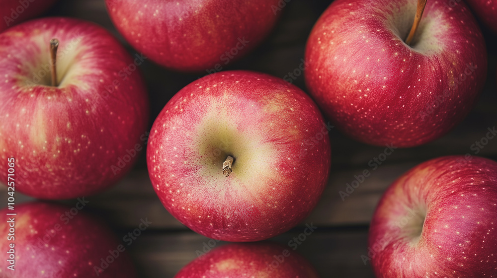 A large number of fresh red apples with speckled patterns lying on a dark wooden background. Their rich texture and color make the image appealing and juicy A large number of fresh red apples with speckled patterns lying on a dark wooden background. Their rich texture and color make the image appealing and juicy