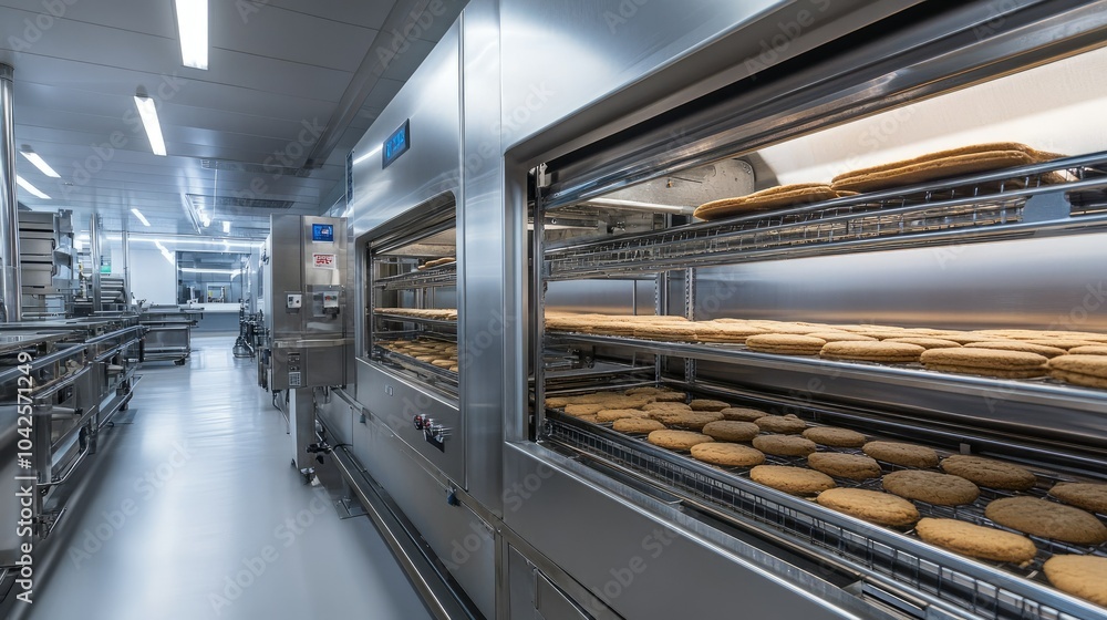 Obraz premium The cookie production line in a bakery features perfectly aligned treats moving through sleek stainless steel ovens and cooling systems, showcasing seamless automation.