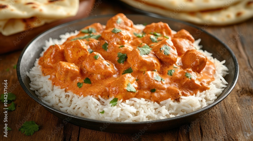 Traditional chicken tikka masala served with basmati rice and naan, styled on a rustic wooden background to capture the essence of Indian cuisine. Traditional chicken tikka masala served with basmati rice and naan, styled on a rustic wooden background to capture the essence of Indian cuisine.