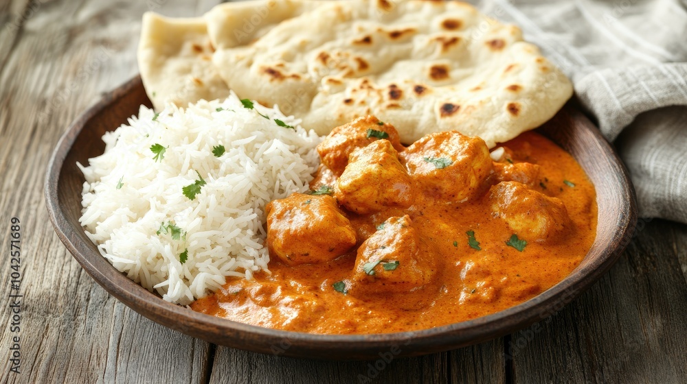 Traditional Indian dish of chicken tikka masala, served with fragrant basmati rice and naan, placed on a rustic wooden surface for a homely feel. Traditional Indian dish of chicken tikka masala, served with fragrant basmati rice and naan, placed on a rustic wooden surface for a homely feel.