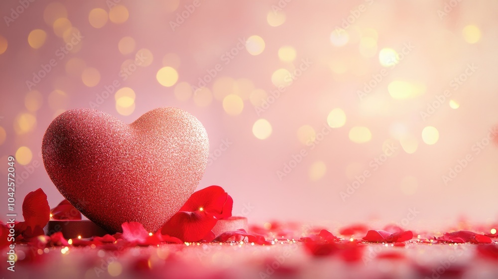 Valentine's still life with a plush heart-shaped podium, surrounded by red petals and golden sparkles, soft pink gradient background Valentine's still life with a plush heart-shaped podium, surrounded by red petals and golden sparkles, soft pink gradient background