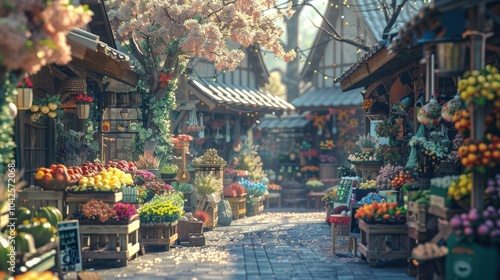 A charming street market filled with colorful fruits and flowers