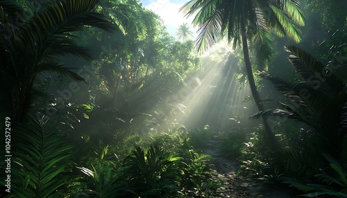 Lush jungle with sunlight filtering through dense foliage, creating a tranquil and mystical atmosphere in a vibrant green setting.