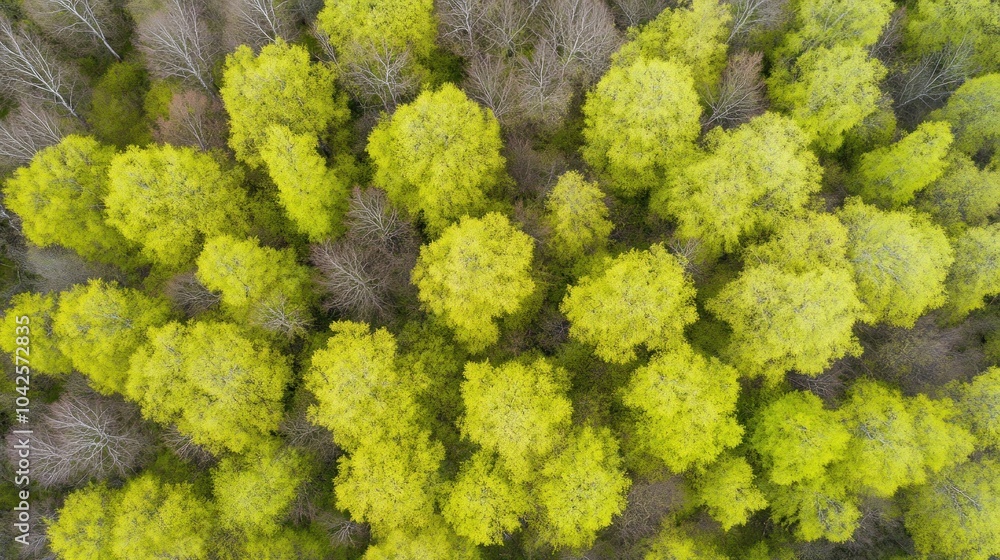 Aerial view of a vibrant forest showcasing lush green trees among bare branches. Aerial view of a vibrant forest showcasing lush green trees among bare branches.
