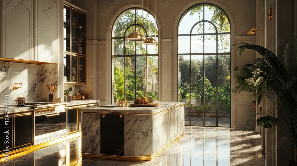 Clear image of a luxurious kitchen with a marble island, gold-accented fixtures, and large windows providing a beautiful garden view. Clear image of a luxurious kitchen with a marble island, gold-accented fixtures, and large windows providing a beautiful garden view.