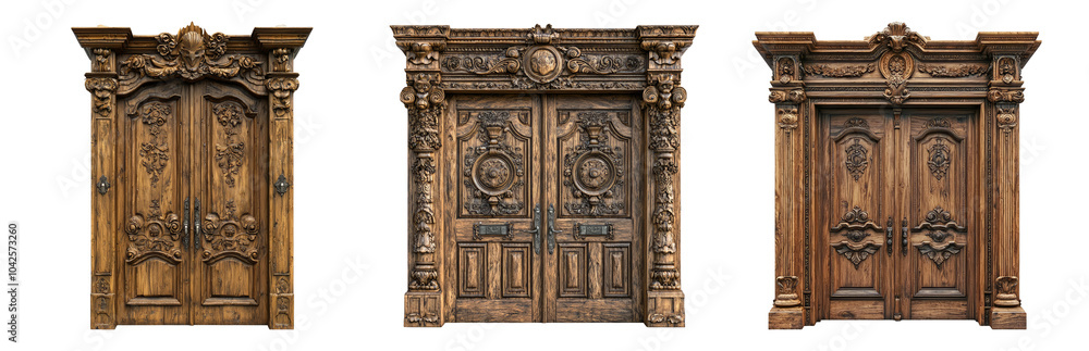 PNG Ornate Wooden Doors with Intricate Carvings isolated on transparent background PNG Ornate Wooden Doors with Intricate Carvings isolated on transparent background