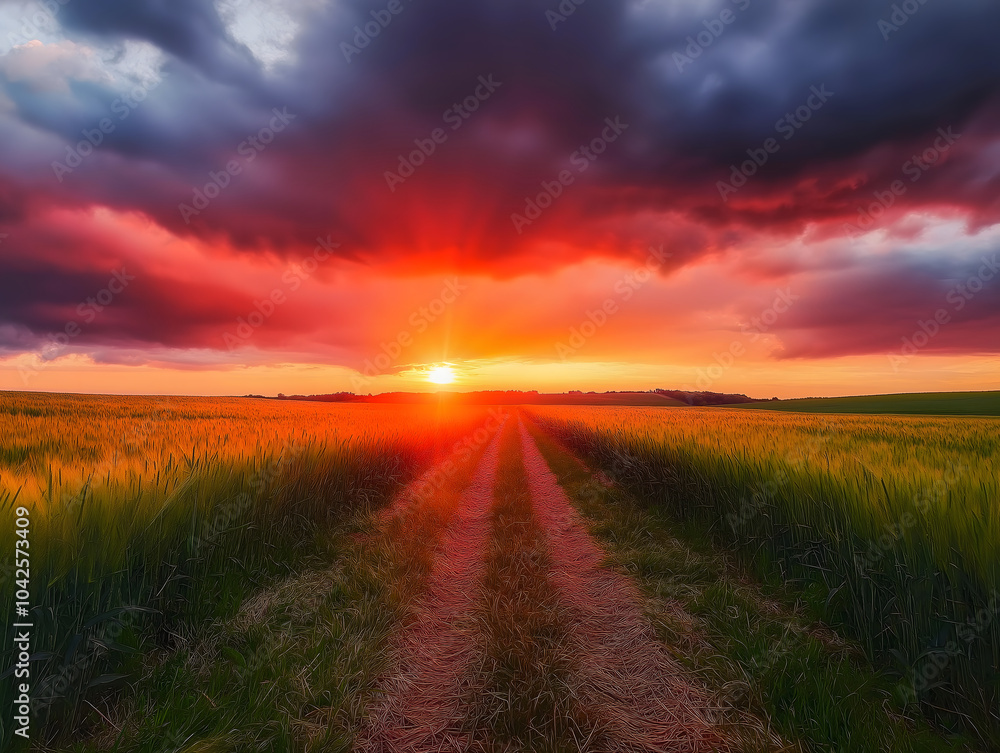 Obraz premium Idyllic rural landscape with a dirt road leading to the horizon at sunset, surrounded by golden wheat fields under dramatic clouds, evoking serenity and meditation.