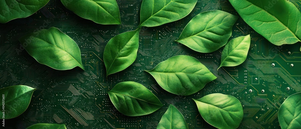 Fototapeta premium A blend of green leaves on a circuit board, symbolizing nature and technology integration.