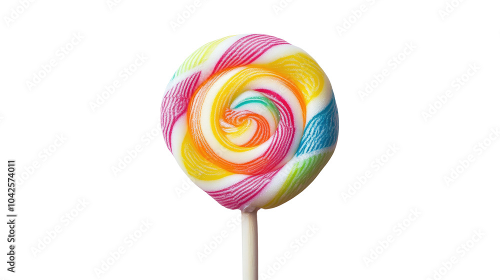 A colorful lollipop with a swirl pattern, isolated on a white background, perfect for evoking childhood sweetness and fun A colorful lollipop with a swirl pattern, isolated on a white background, perfect for evoking childhood sweetness and fun