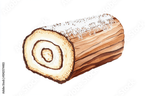 Delight in this watercolor illustration of Yule log cake, showcasing its intricate layers and textures. Perfect for festive occasions and holiday celebrations
