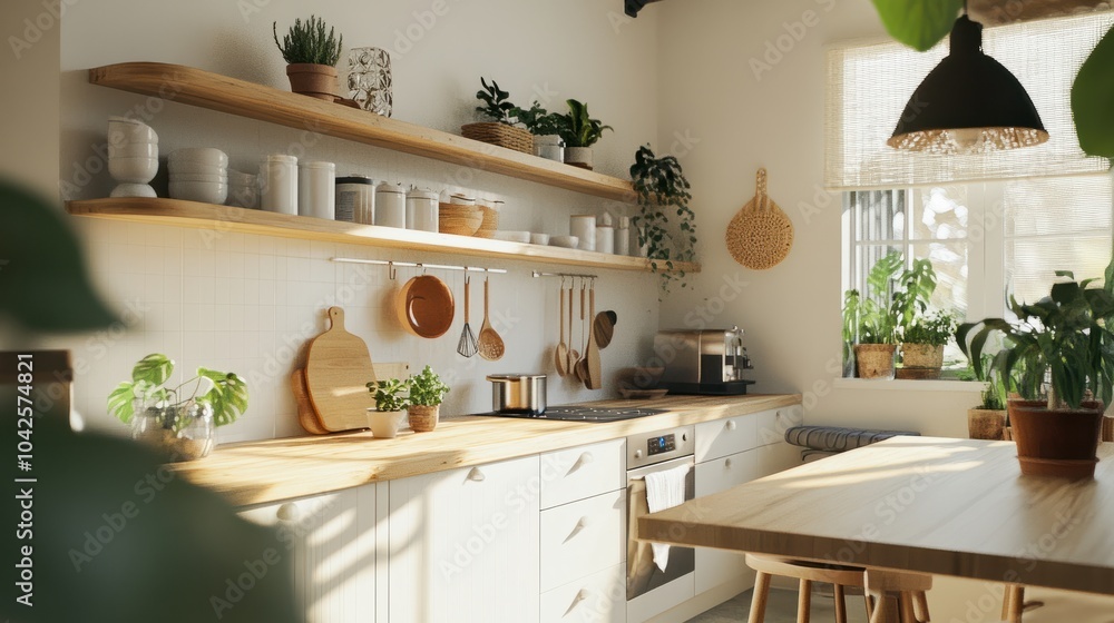 Clear image of a Scandinavian-style kitchen with light wood accents, open shelving, and potted plants, giving a cozy and clean look. Clear image of a Scandinavian-style kitchen with light wood accents, open shelving, and potted plants, giving a cozy and clean look.