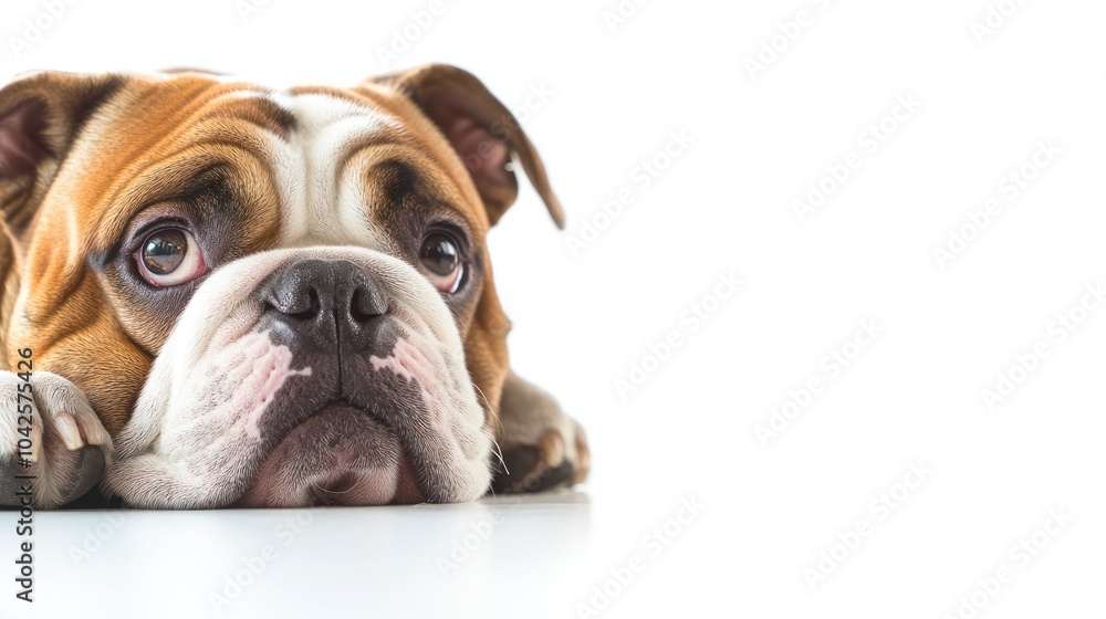 A close-up of a sad-looking bulldog resting its head on a surface. A close-up of a sad-looking bulldog resting its head on a surface.