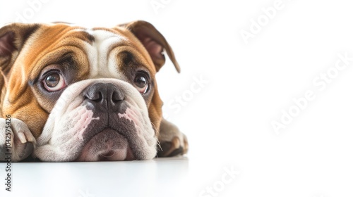 A close-up of a sad-looking bulldog resting its head on a surface.