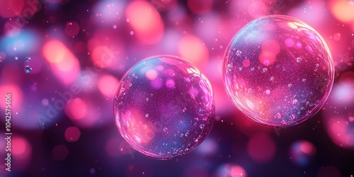 Two Clear Spheres with Pink and Blue Lights and Bubbles