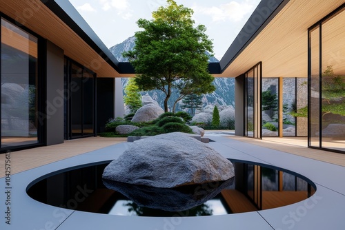 3D rendering of the gardenâ€™s central courtyard, with detailed textures of the wood, stone, and water blending together seamlessly photo