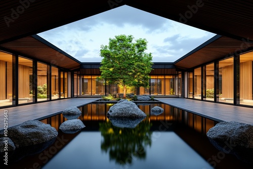 3D rendering of the garden’s central courtyard, with detailed textures of the wood, stone, and water blending together seamlessly