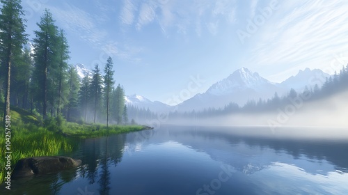 A serene landscape featuring a tranquil lake surrounded by trees and mountains under a clear sky, with mist adding a mystical touch.