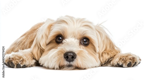 A cute, fluffy dog resting with a curious expression on a white background.