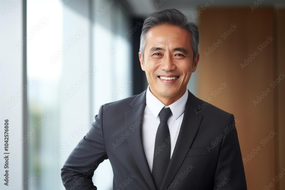 Portrait of a smiling mature businessman standing with hands in pockets. Portrait of a smiling mature businessman standing with hands in pockets.