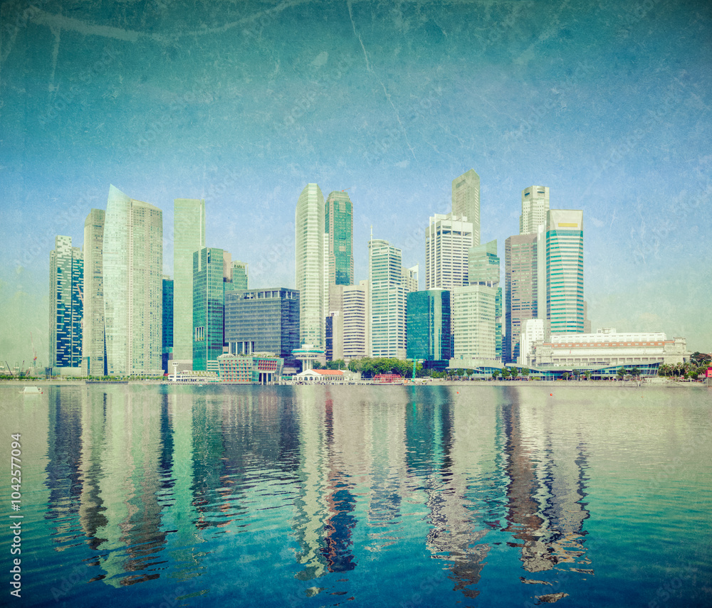 Fototapeta premium Modern city skyline of business district downtown of Singapore in day with grunge texture overlaid