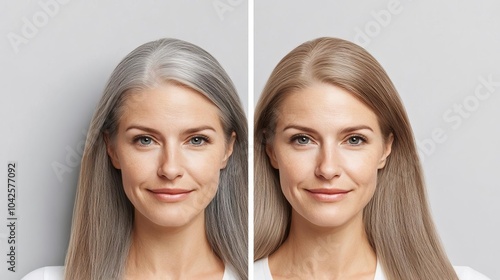 Close-up of graying roots before and after touch-up color treatment, showing vibrant, even hair tone and flawless transition, Root touch-up, color perfection