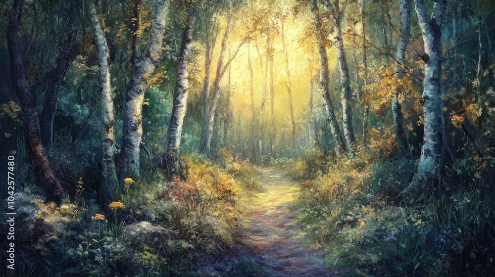 A serene forest path illuminated by soft sunlight, evoking tranquility and nature's beauty. A serene forest path illuminated by soft sunlight, evoking tranquility and nature's beauty.