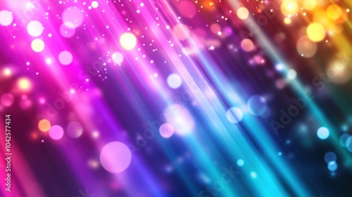 A vibrant abstract background featuring colorful light streaks and bokeh effects.