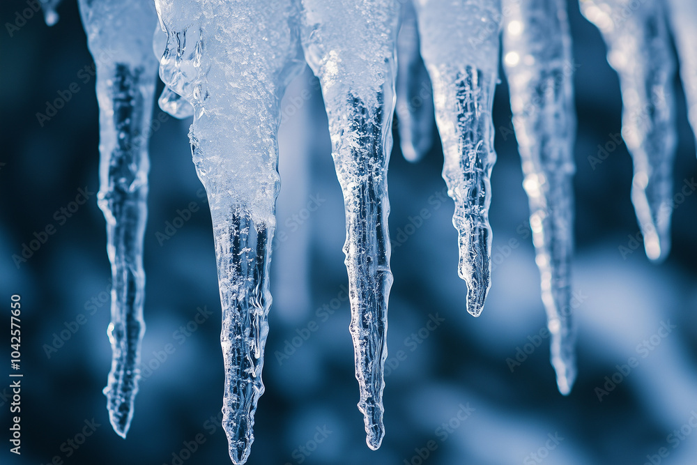 Ice icicles close-up. Winter, snow, frozen pieces of ice on a blue background. Ice icicles close-up. Winter, snow, frozen pieces of ice on a blue background.
