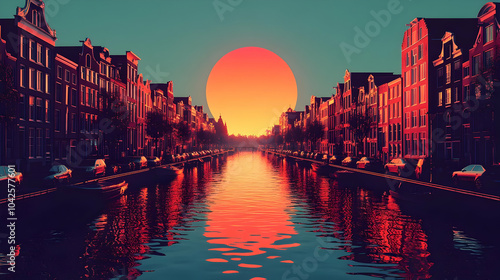 Serene sunset over a canal ...
