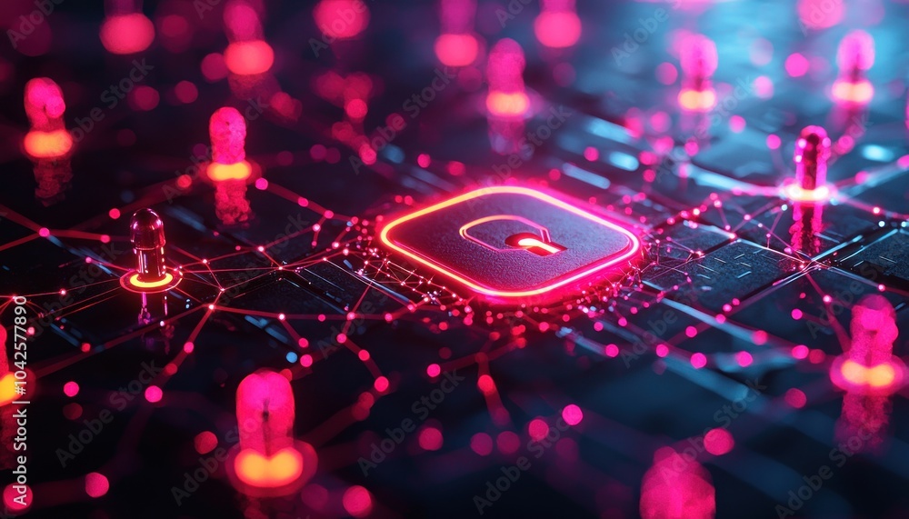 Glowing Keyhole on a Neon Circuit Board Network Glowing Keyhole on a Neon Circuit Board Network