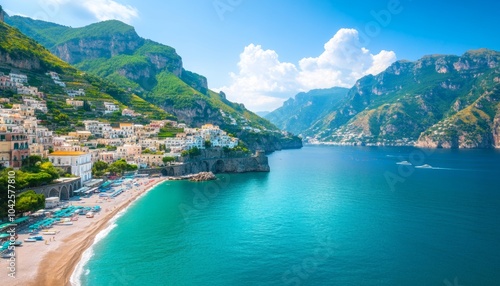 Beautiful coastal view with cliffs, beach, and colorful buildings.