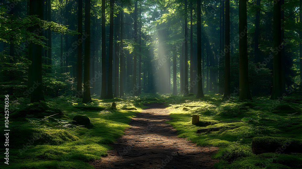 Obraz premium Serene forest path illuminated by sunlight through trees.