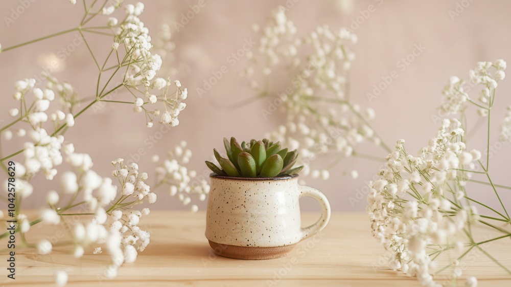 Obraz premium Potted cactus with white flowers and a textured cream mug in soft-focus setting