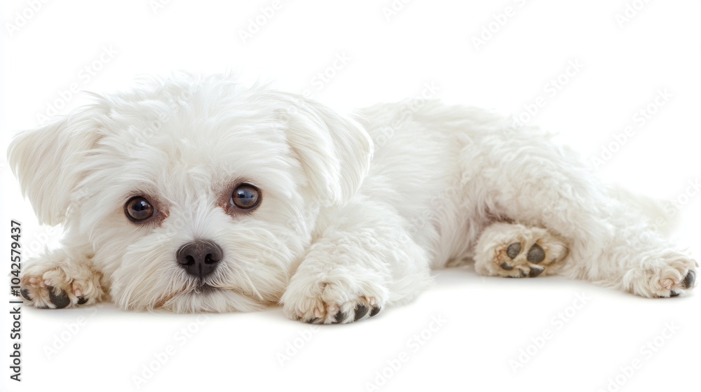 A fluffy white dog lying down, looking curiously at the camera. A fluffy white dog lying down, looking curiously at the camera.