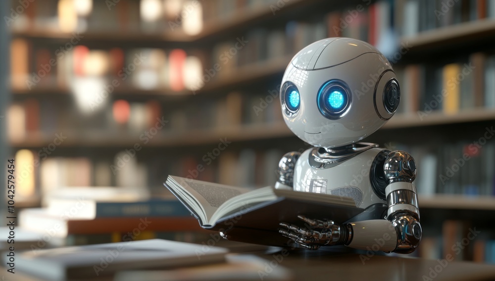 A humanoid robot sits in a library, reading a book with a bookshelf in the background. A humanoid robot sits in a library, reading a book with a bookshelf in the background.