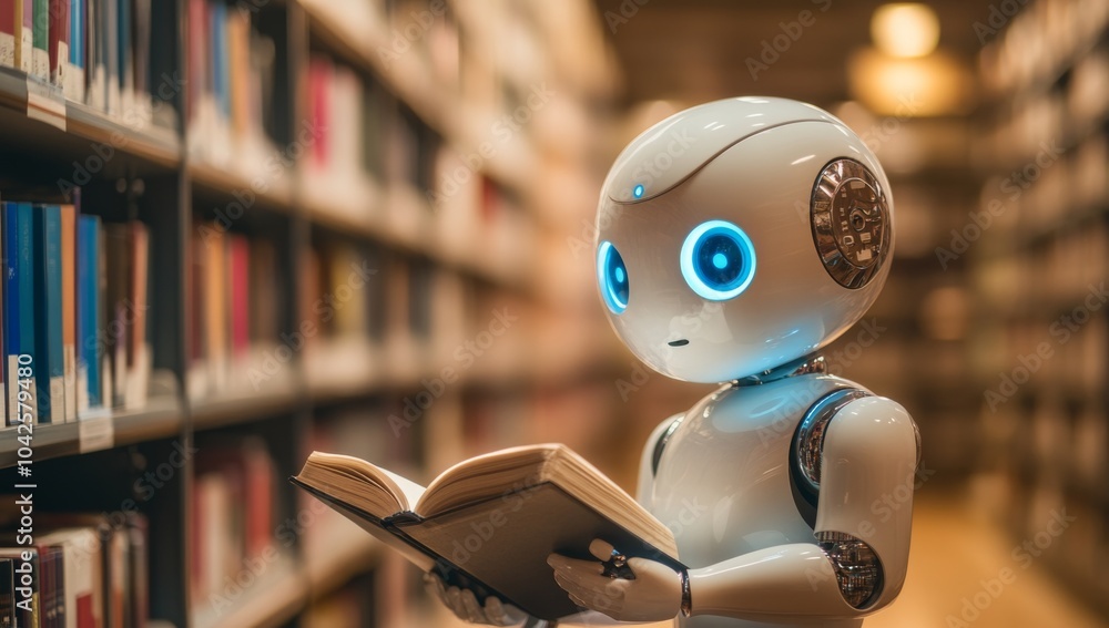 A humanoid robot with blue glowing eyes reads a book in a library with bookshelves full of books in the background. A humanoid robot with blue glowing eyes reads a book in a library with bookshelves full of books in the background.