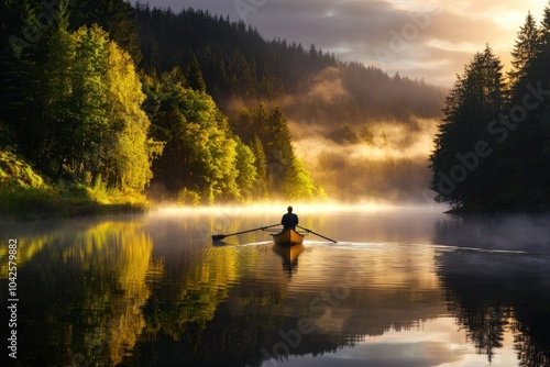 A lone man rows a boat on a misty lake at sunrise, surrounded by green trees.