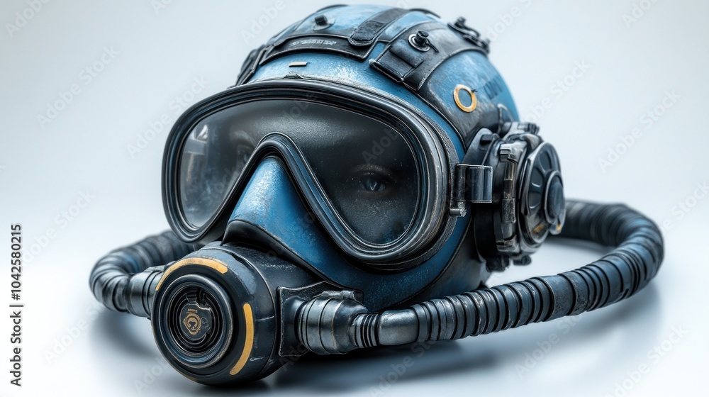 A detailed blue gas mask with a flexible hose for protection. A detailed blue gas mask with a flexible hose for protection.