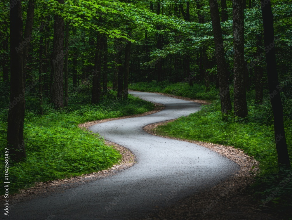 Fototapeta premium A winding paved road leads through a lush green forest, the sunlight dappling through the leaves.