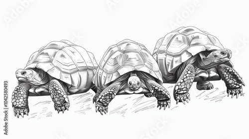 Realistic Line Art of Three Tortoises on White Background photo