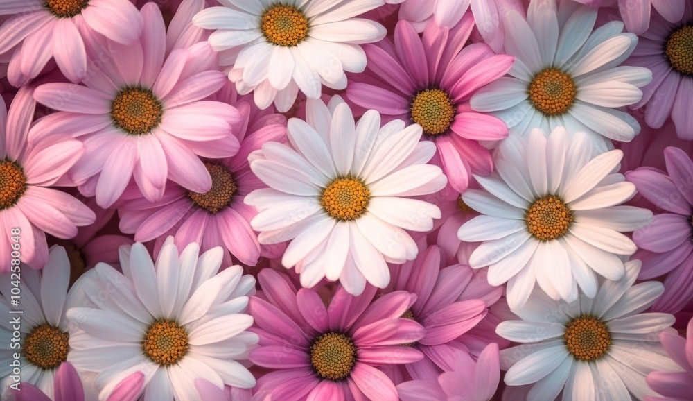 Close-up of a field of pink and white daisies. Close-up of a field of pink and white daisies.