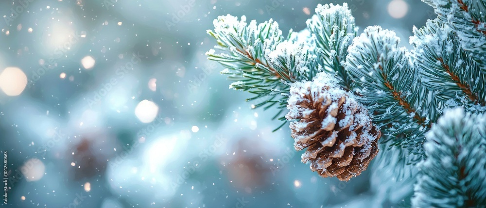 Snow-Covered Pine Branch with a Single Pine Cone Snow-Covered Pine Branch with a Single Pine Cone