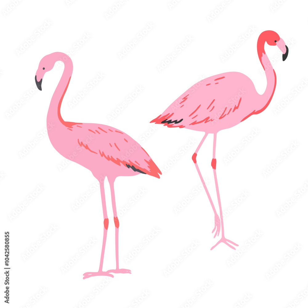Obraz premium Set of pink flamingo in minimalistic style. Vector illustration.