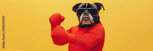 A dog dressed in boxing gear poses confidently against a vibrant yellow background. photo