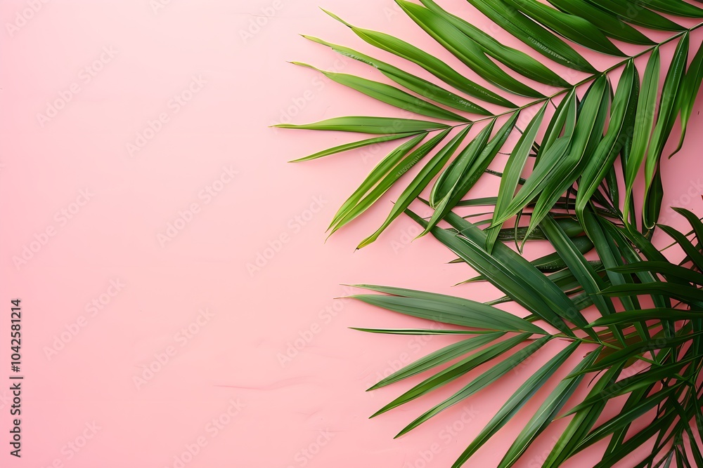A close up of a palm leaf on a pink background A close up of a palm leaf on a pink background