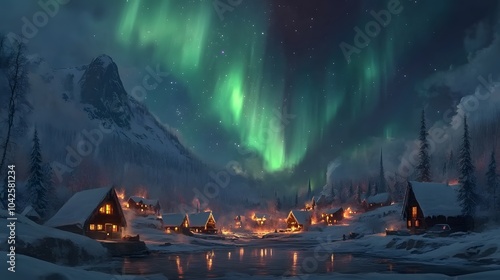 A snowy village beneath the Northern Lights, where the aurora dances across the sky in vibrant colors, illuminating the serene winter landscape in a breathtaking, cinematic display.
